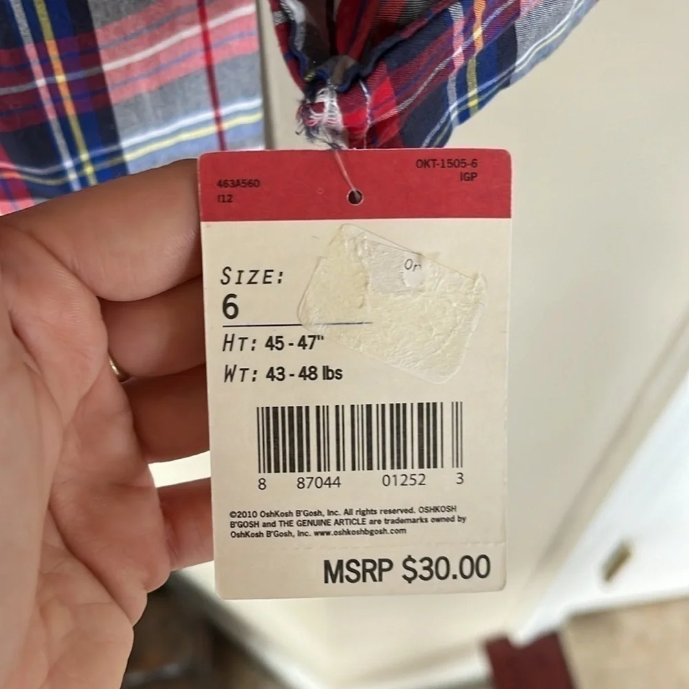 Brand New OshKosh B’Gosh Plaid Button Down Shirt Collared Cotton Long Sleeve